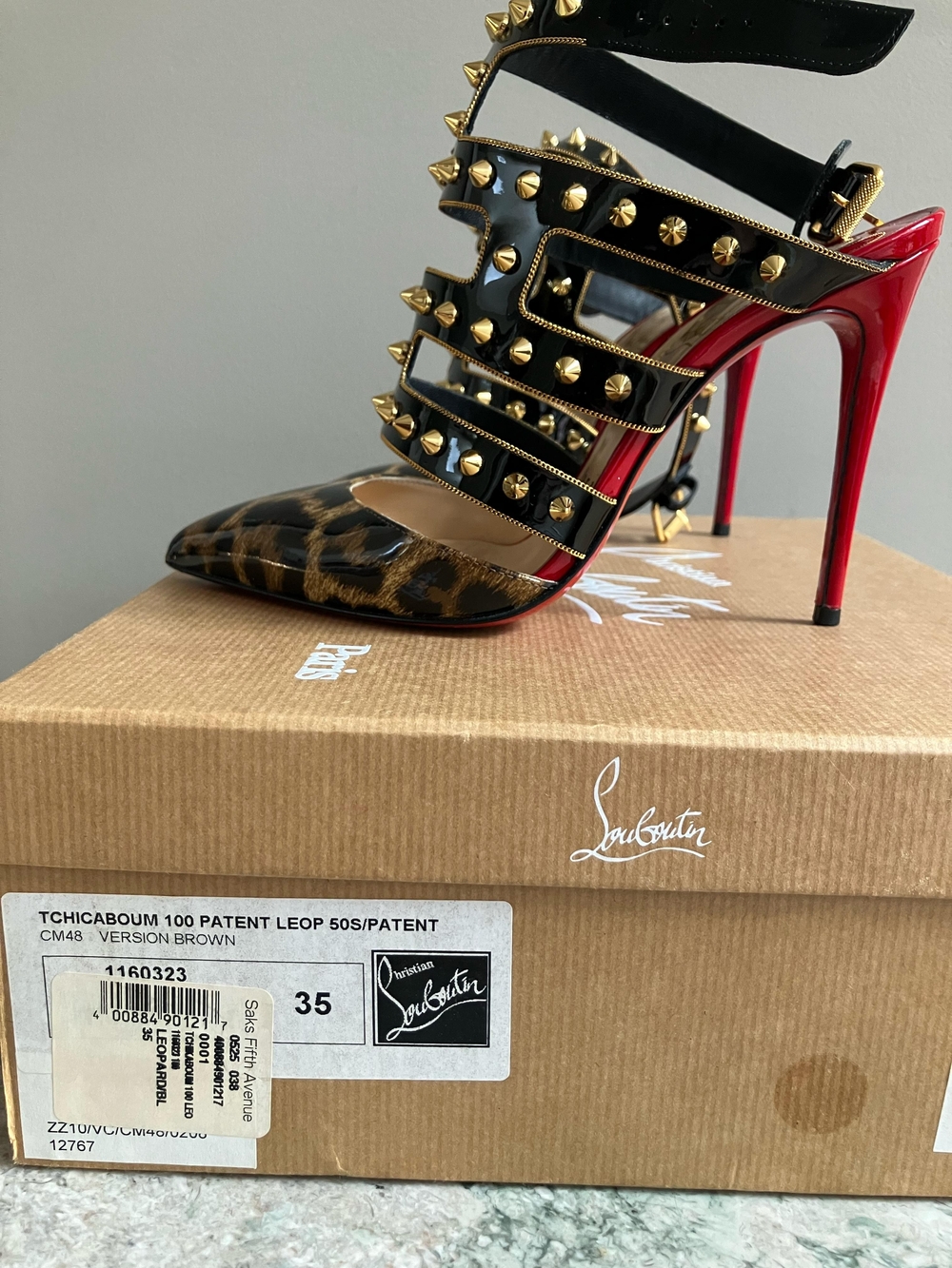 Christian Louboutin Leopard Pointed Studded Strap Pump - Black & Brown - Picture 5 of 7